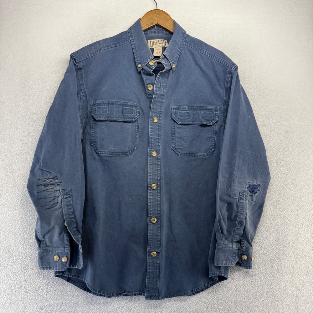 Duluth Trading Shirt Mens Medium Blue Canvas Button WOrk Faded Distressed Repair